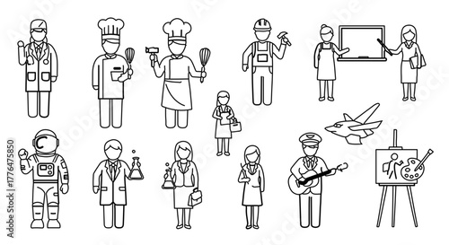 Set of different professions in doodle style collection of vector illustration