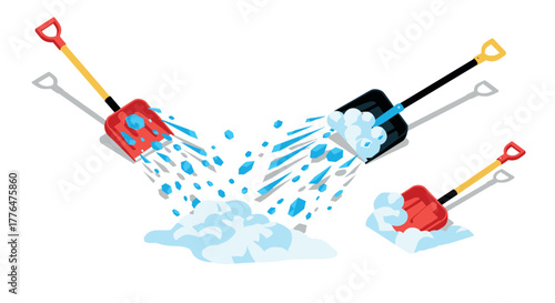 Colorful snow shovels with ice and snow in dynamic isometric art style