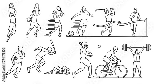 Collection of various sports activities in line art style sports concept