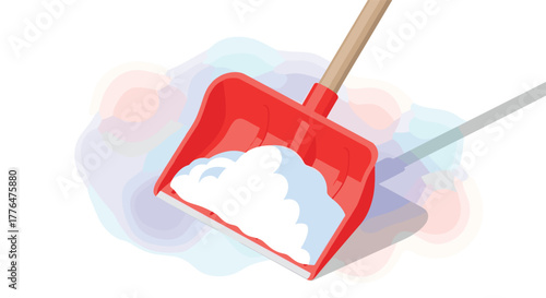 Red snow shovel with wooden handle in minimalist style on gradient background