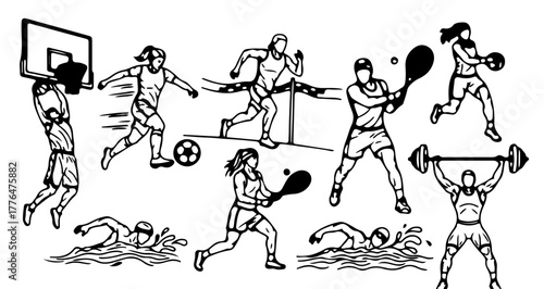 Collection of various sports activities in line art style sports concept