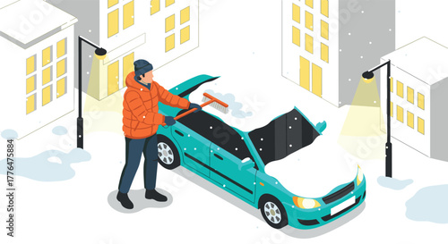 Man clearing snow off car in urban winter scene with buildings and streetlights