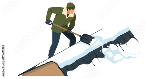 Man clearing snow from roof with shovel in winter scene