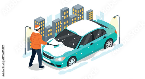 Man cleaning snow from car in winter cityscape isometric style
