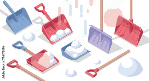 Colorful assortment of isometric snow shovels and snow piles on white background