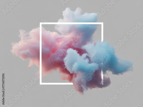 Abstract pastel colored smoke clouds swirling around a white square frame