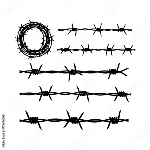 Set of Razor Wire Silhouettes, Barbed Wire Icon Collection Silhouette Vector