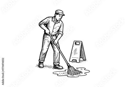 Mop hand drawn simple engraved vector illustration