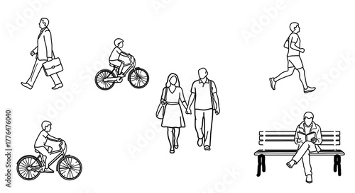 Line art illustration of people engaging in various activities