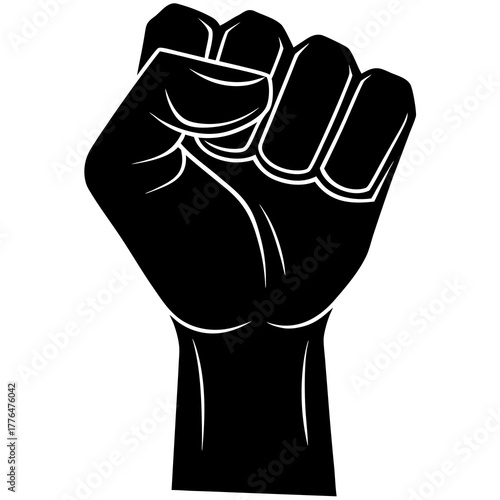 Bold black silhouette illustration of a raised fist symbolizing power protest and solidarity