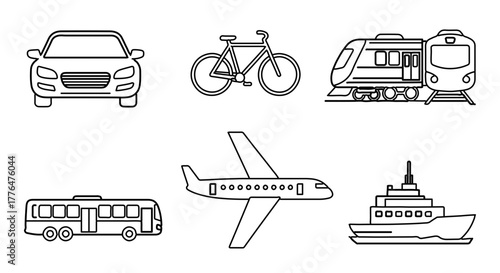 Illustration of various transportation methods including car, bike, train, plane, and ship