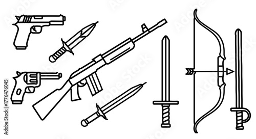 Collection of various weaponry, including guns, knives, swords, and a bow and arrow