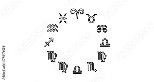 Zodiac signs arranged in a circle, a set of twelve astrological symbols
