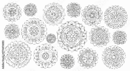 Collection of intricate mandala designs in black and white, showcasing detailed patterns and symmetry