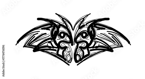 Stylized bat face with wings spread out, a handdrawn illustration