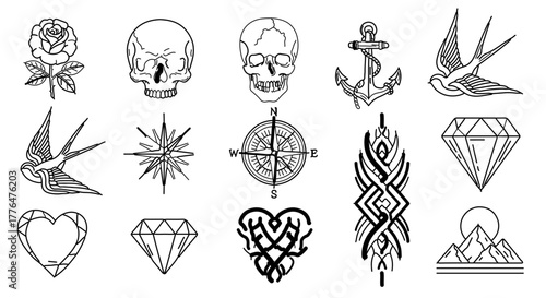 Tattoo set, a collection of various tattoo designs in a simple line art style