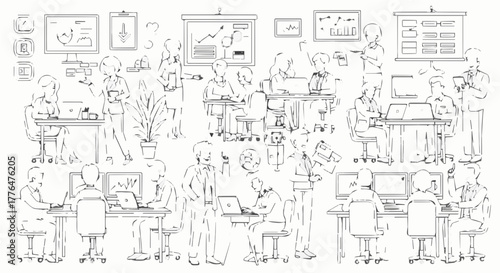 Business meeting sketch, a hand drawn illustration of office workers in a conference room