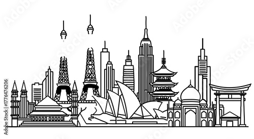 World landmarks skyline vector illustration famous monuments and buildings