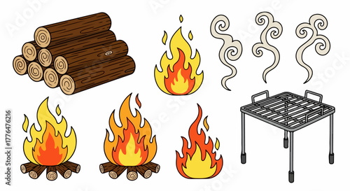 Firewood, flames, grill and campfire set