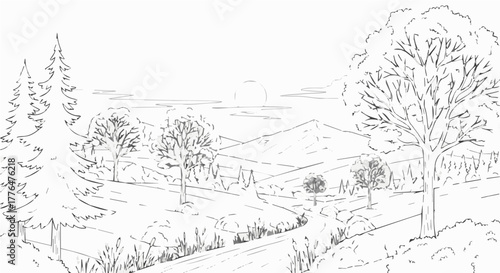 Black and white line drawing of a landscape with trees, hills, and a distant building