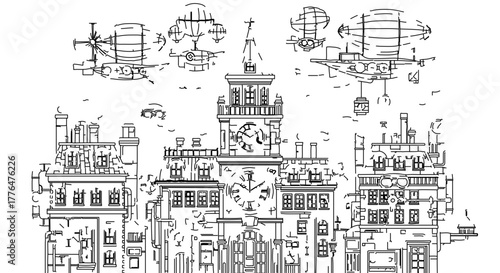 Steampunk city with airships flying above, a whimsical line art illustration