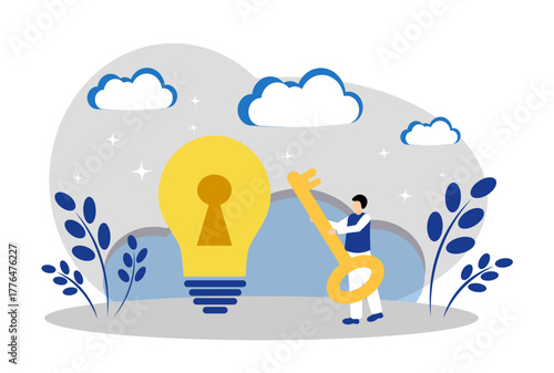 A light bulb, a keyhole and a key. The concept of a new idea, the key to success, creative thoughts and scientific discoveries