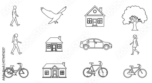 Line art drawing of people, bird, houses, tree, car, and bicycles