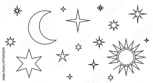 Hand drawn celestial bodies, including moon, sun, and various stars