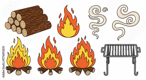 Campfire, firewood, flames, grill with transparent background
