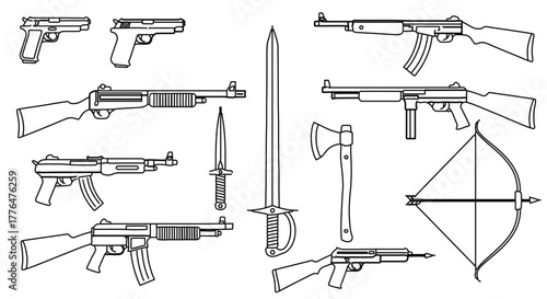 Collection of various weapon types, including firearms, melee weapons, and ranged weapons
