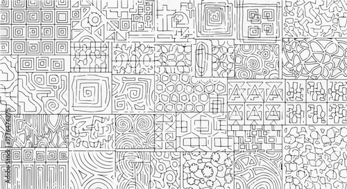 Intricate black and white pattern of geometric shapes and lines, creating a complex and textured background