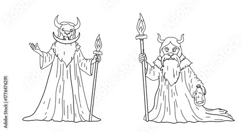 Two fantasy dwarf wizards with horns and a long beard are standing