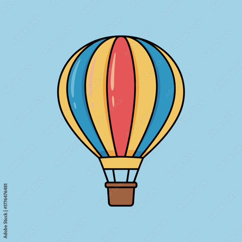 Fototapeta premium Colorful Hot Air Balloon Icon Vector Illustration on Light Blue Background, Representing Travel, Adventure, Exploration, Vacation, and Freedom Concepts in Fun Cartoon Design Style