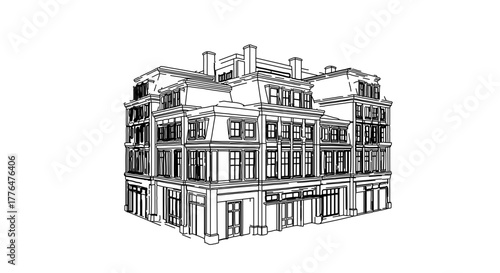 Architectural building sketch, showcasing a detailed line drawing of a multistory structure
