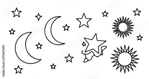 Celestial bodies in black and white line art, featuring stars, moons, and suns