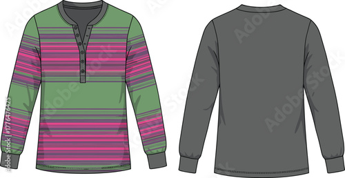 Henley shirt, striped long sleeve, multicolor fashion, front back view, casual wear, knit texture, textile design, menswear, apparel mockup