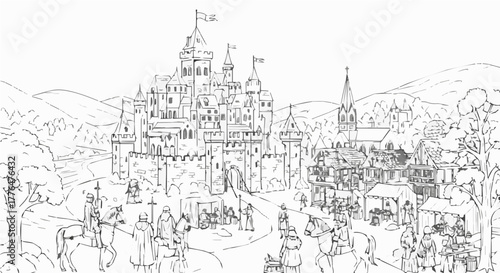 Detailed sketch of a medieval castle with bustling marketplace