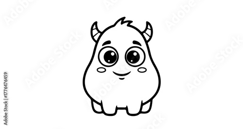 Cute little monster with horns, cartoon character for kids coloring book page