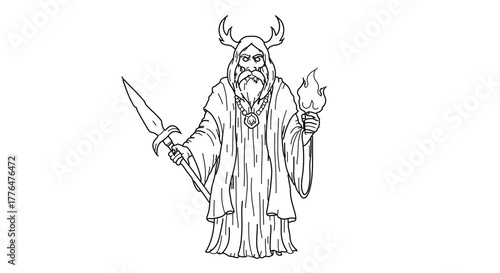 Druid with spear and torch, ancient celtic mythology character, line art illustration