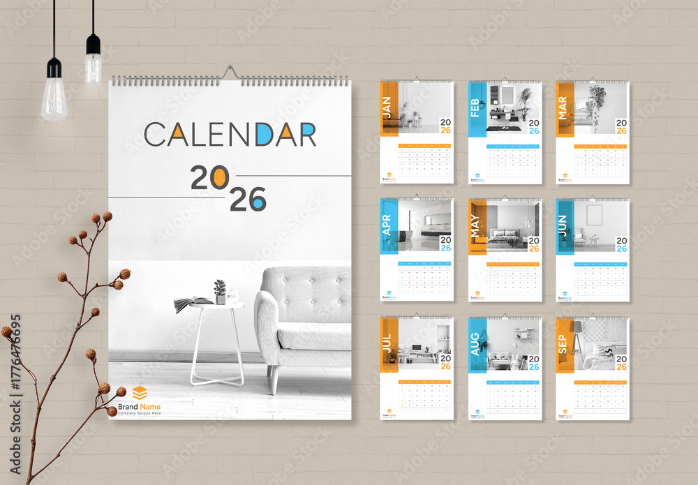 Modern Interior Wall Calendar 2026 Template for 12-Month Print Stock ...