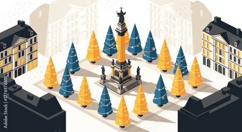 Festive city square with monument and decorative trees in isometric style