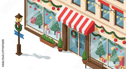 Festive christmas storefront with decorations and holiday lights in isometric style