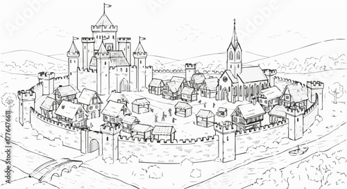 Detailed line drawing of a medieval castle town with surrounding walls