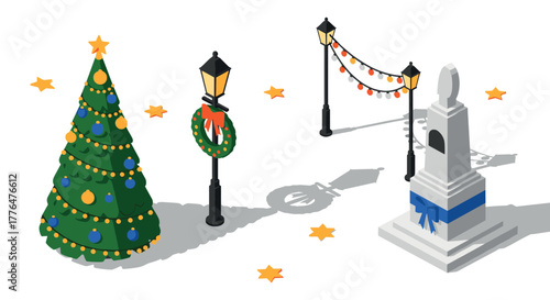 Festive christmas street scene with tree, decorations, and monument in isometric style