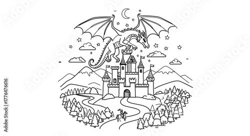 Majestic dragon soars above a fairytale castle, surrounded by mountains and forest