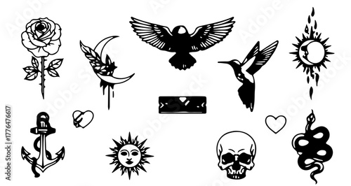 Collection of various tattoo flash art designs, including rose, moon, bird, skull, and snake