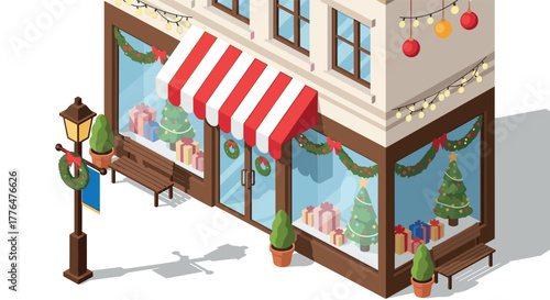 Festive street corner with decorated christmas storefront in isometric design