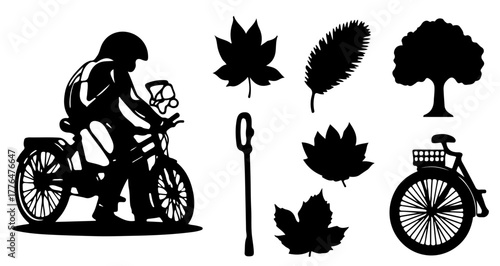 Autumn silhouette, cyclist, bicycle, leaf, tree, walking stick in black and white line art