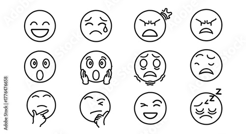 Collection of various facial expressions represented by simple line drawings