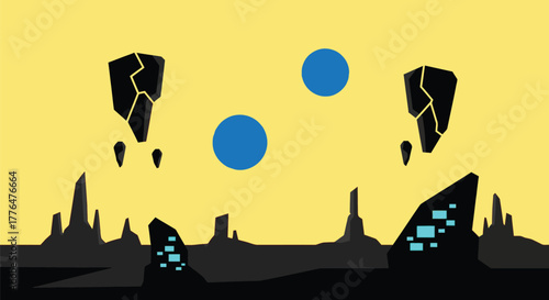 Vector landscape illustration of alien planet with floating rocks editable vector